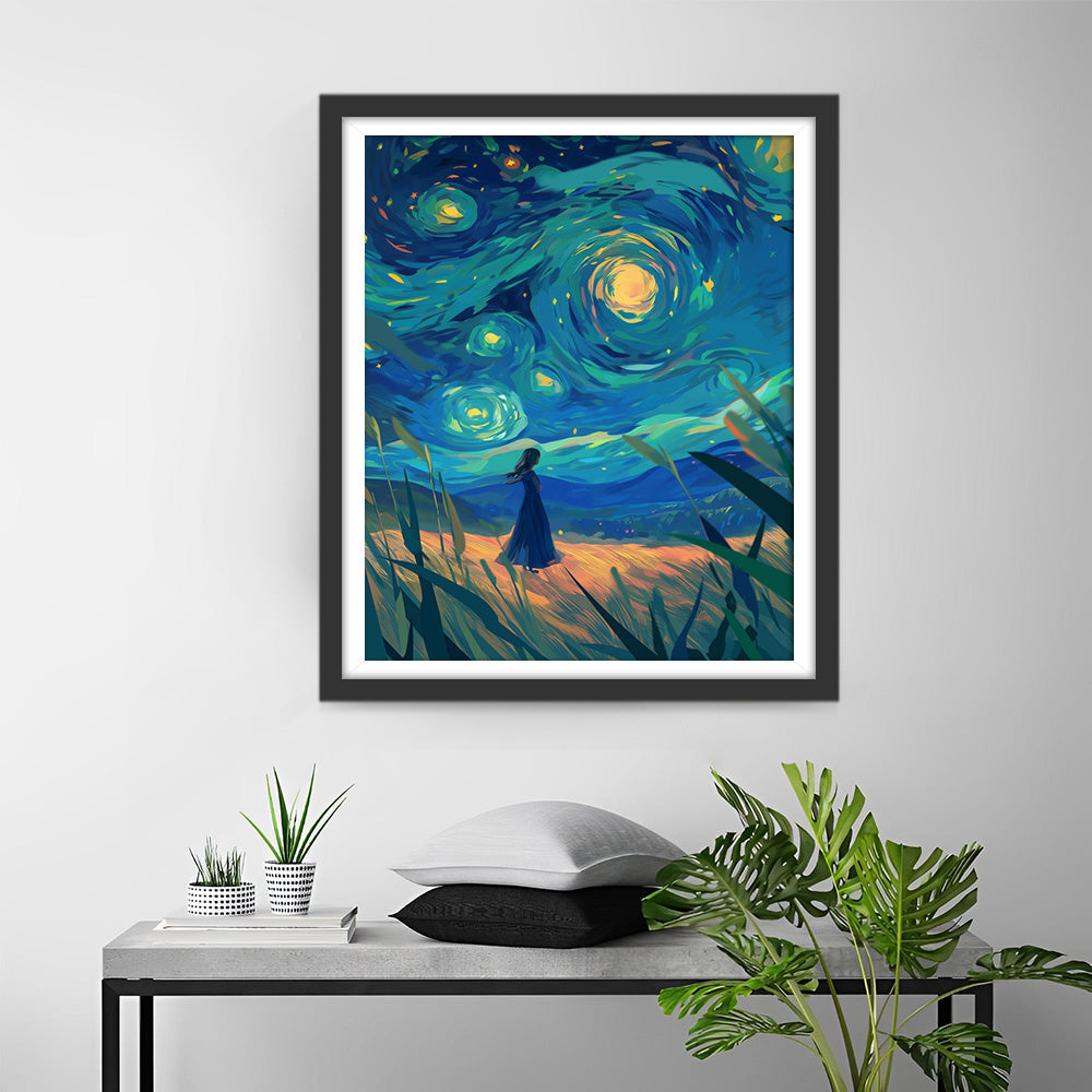 Meisje op het Veld onder de Sterrennacht Diamond Painting