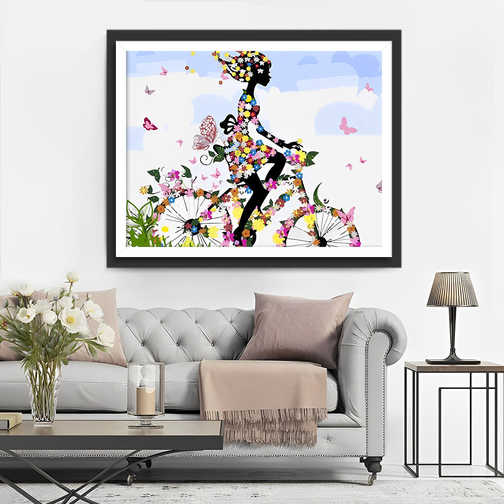 Meisje Rijdend op een Bloemenfiets Diamond Painting