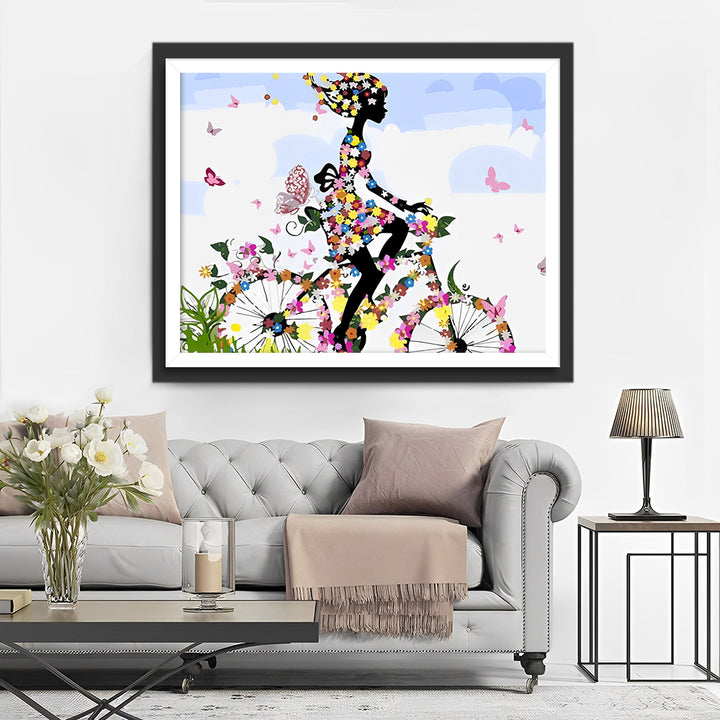 Meisje Rijdend op een Bloemenfiets Diamond Painting