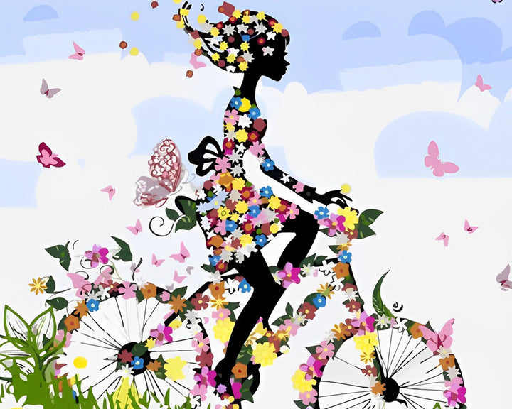 Meisje Rijdend op een Bloemenfiets Diamond Painting
