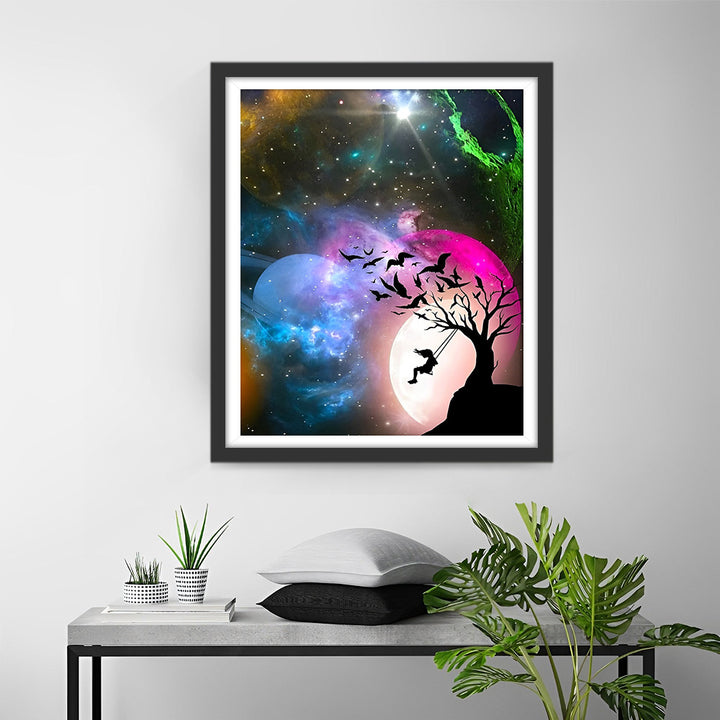 Meisje Schommelt onder de Planeten Diamond Painting