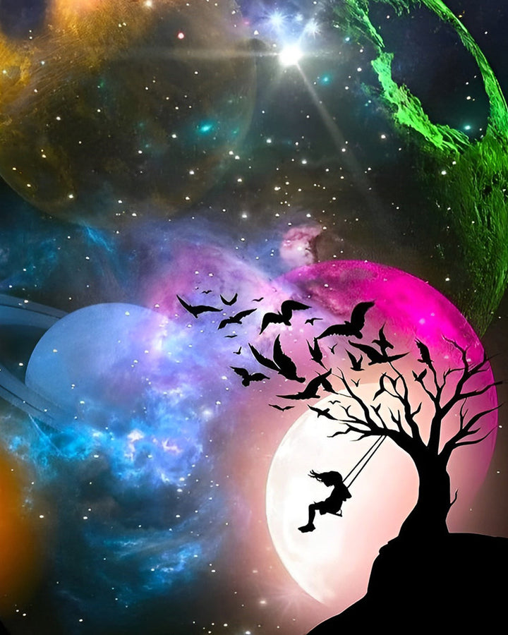 Meisje Schommelt onder de Planeten Diamond Painting