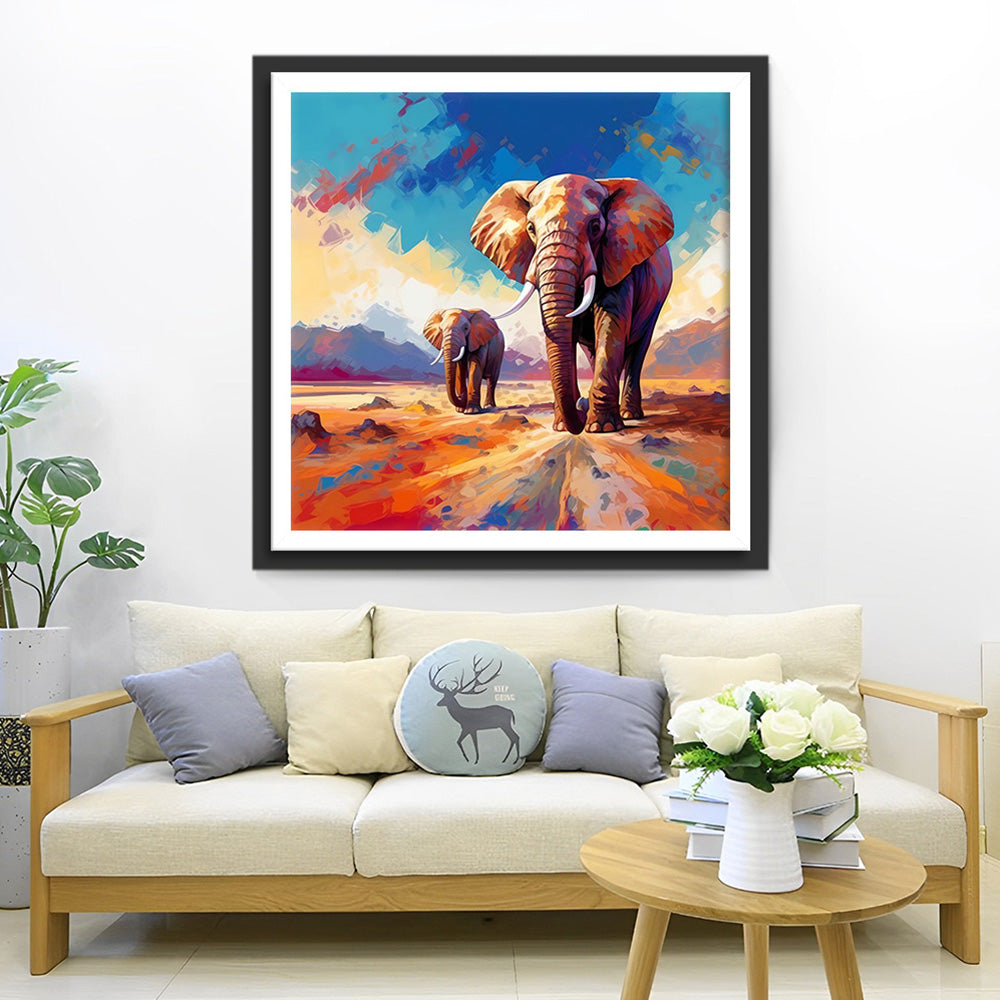 Moeder en Babyolifant op de Bergweg Diamond Painting