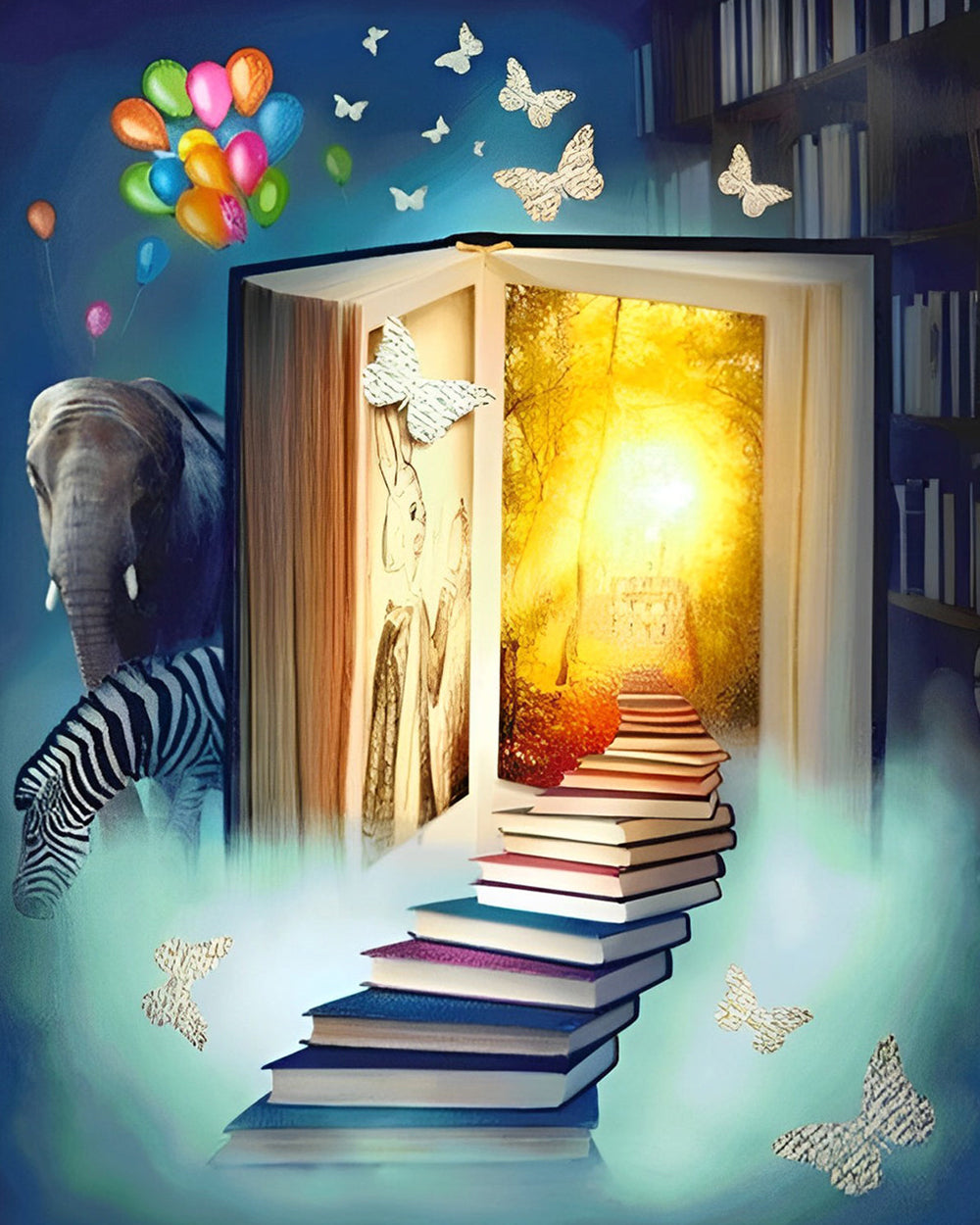 Olifant, Zebra en Boeken Diamond Painting