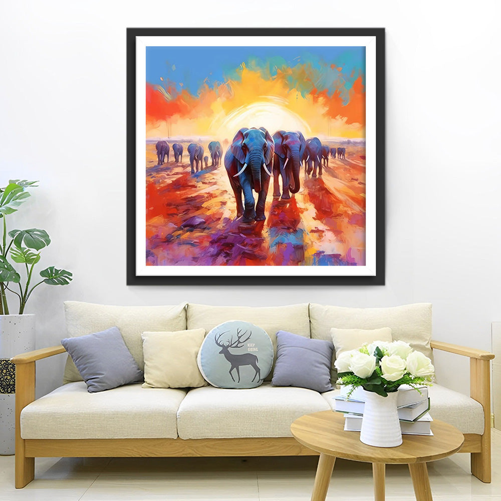 Olifantengroep bij Zonsopgang Diamond Painting
