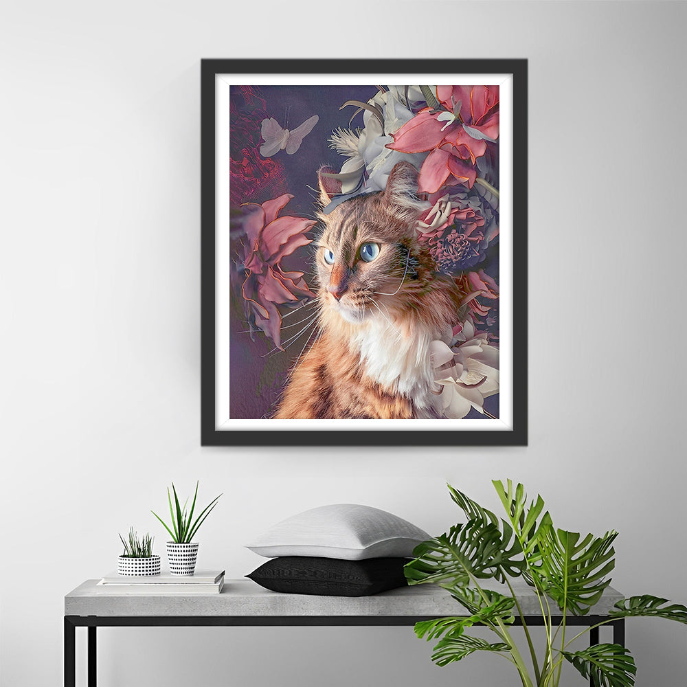 Oranje Kat en Bloemen Diamond Painting