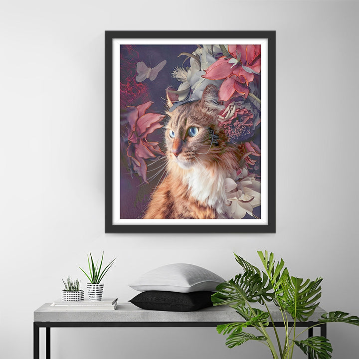 Oranje Kat en Bloemen Diamond Painting