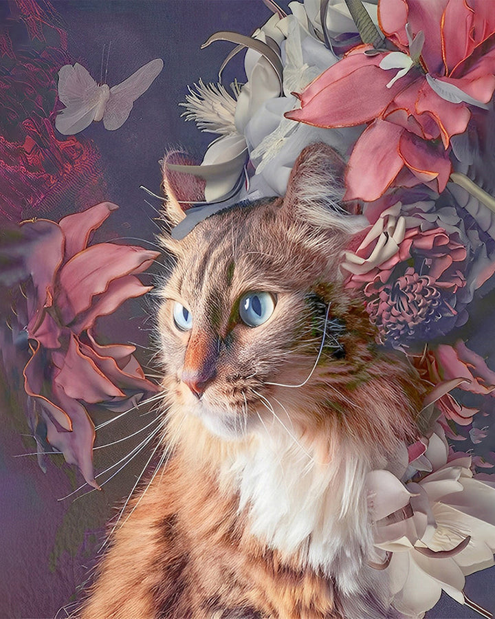 Oranje Kat en Bloemen Diamond Painting