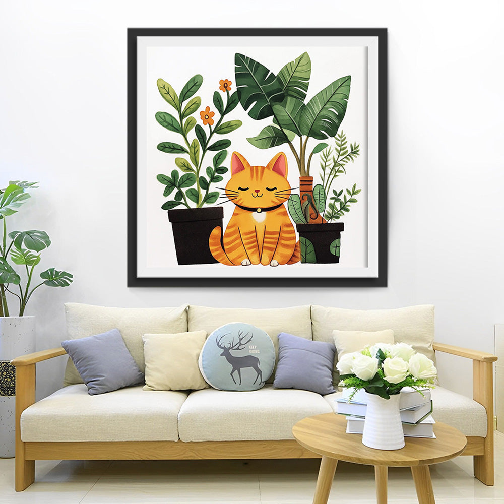 Oranje Kat en Bloempotten Diamond Painting
