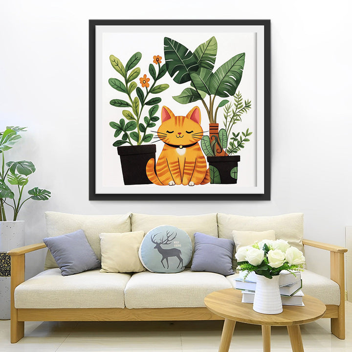 Oranje Kat en Bloempotten Diamond Painting
