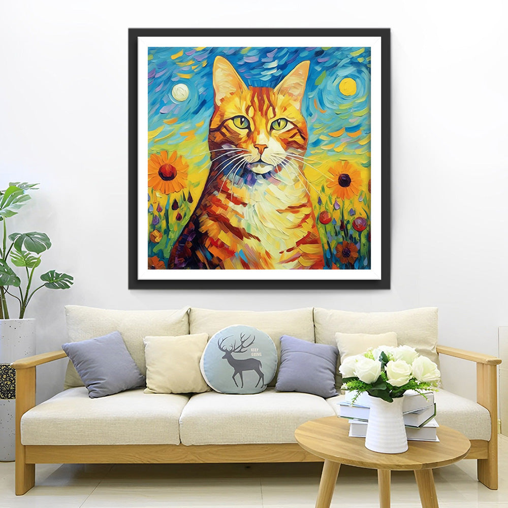 Oranje Kat in de Stijl van Van Gogh Diamond Painting