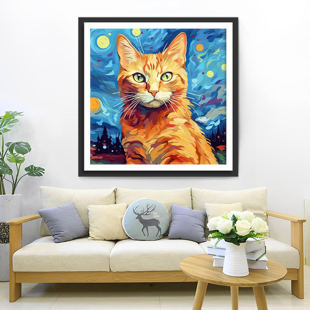 Oranje Kat onder de Sterrennacht Diamond Painting