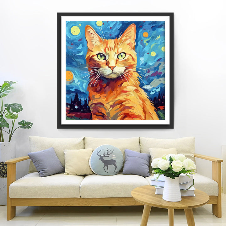 Oranje Kat onder de Sterrennacht Diamond Painting