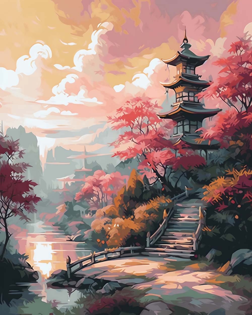 Oude Tempel en Rode Esdoorns in de Bergen Diamond Painting