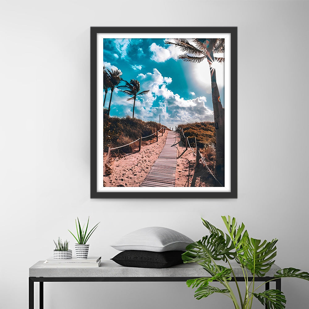 Pad en Palmbomen onder Blauwe Lucht Diamond Painting