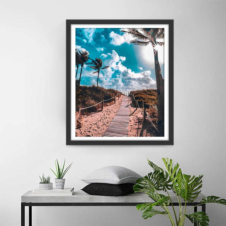 Pad en Palmbomen onder Blauwe Lucht Diamond Painting