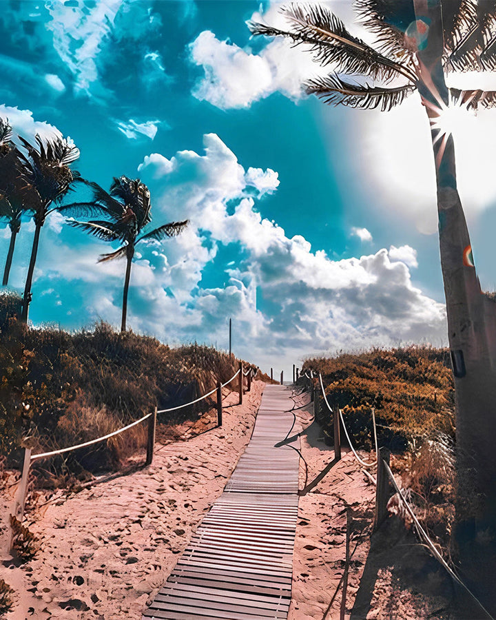 Pad en Palmbomen onder Blauwe Lucht Diamond Painting