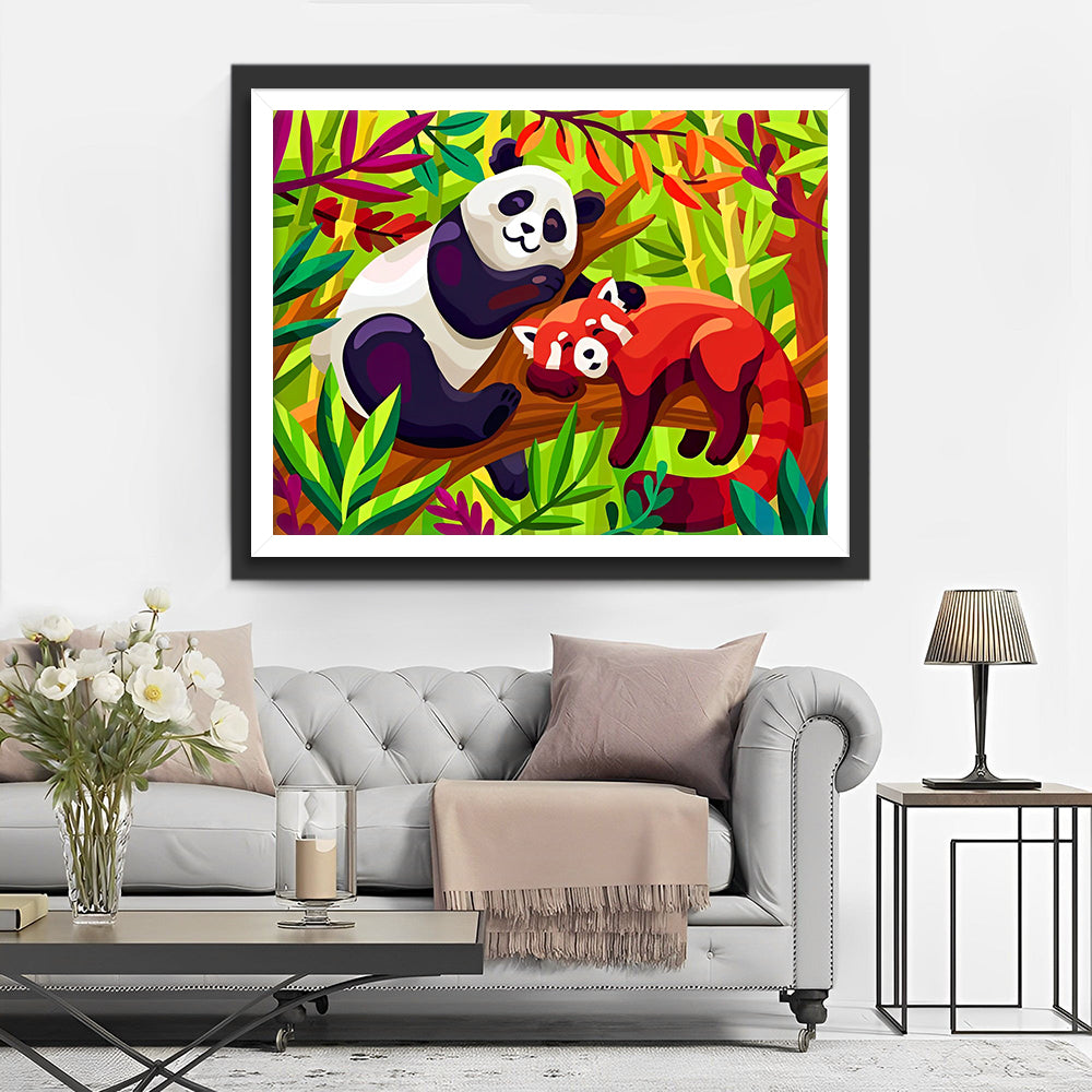 Panda en Rode Panda op de Tak Diamond Painting