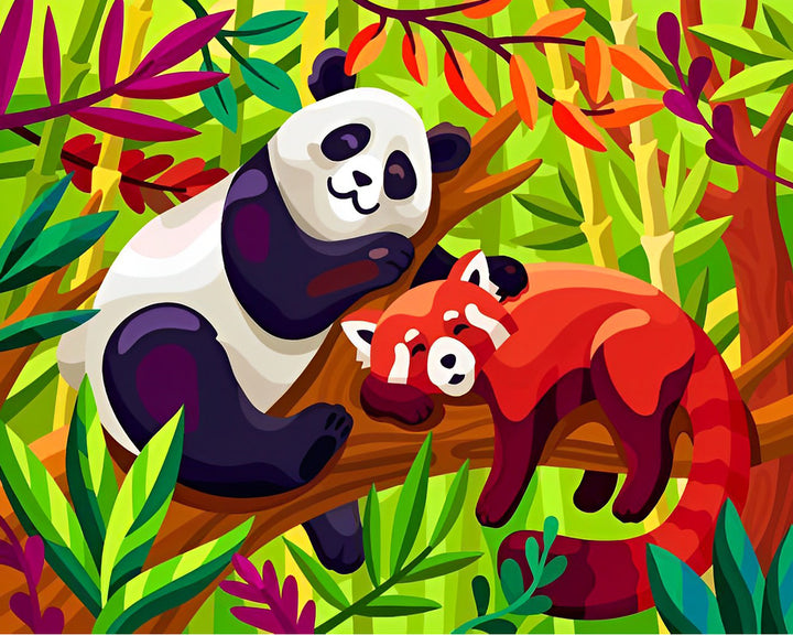 Panda en Rode Panda op de Tak Diamond Painting