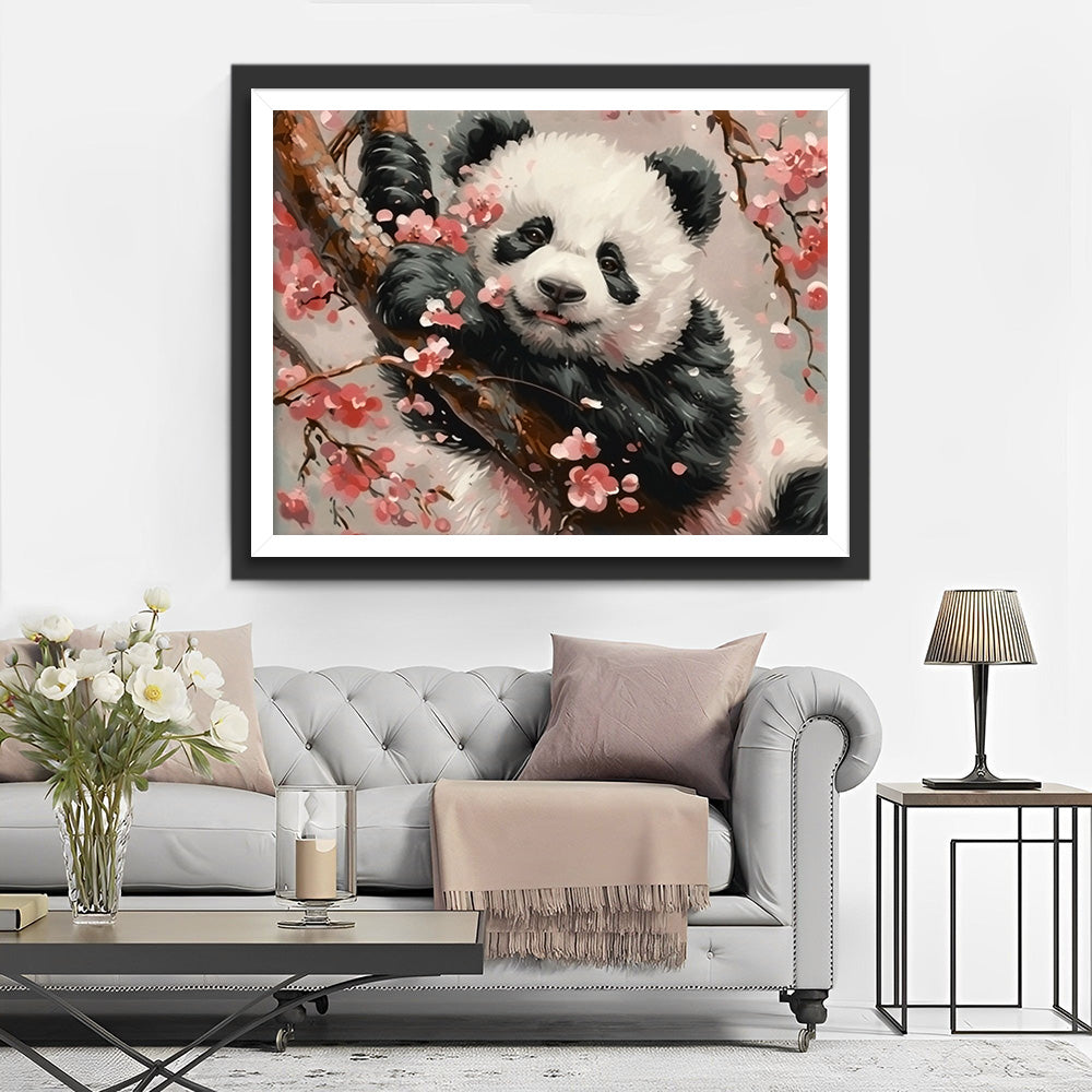 Panda op een Roze Bloemenboom Diamond Painting
