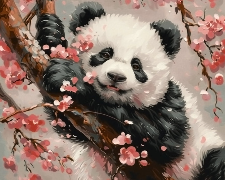 Panda op een Roze Bloemenboom Diamond Painting