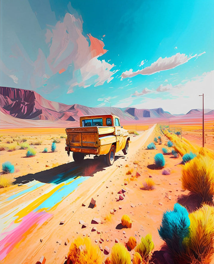 Pickup Truck in de Kleurrijke Woestijn Diamond Painting