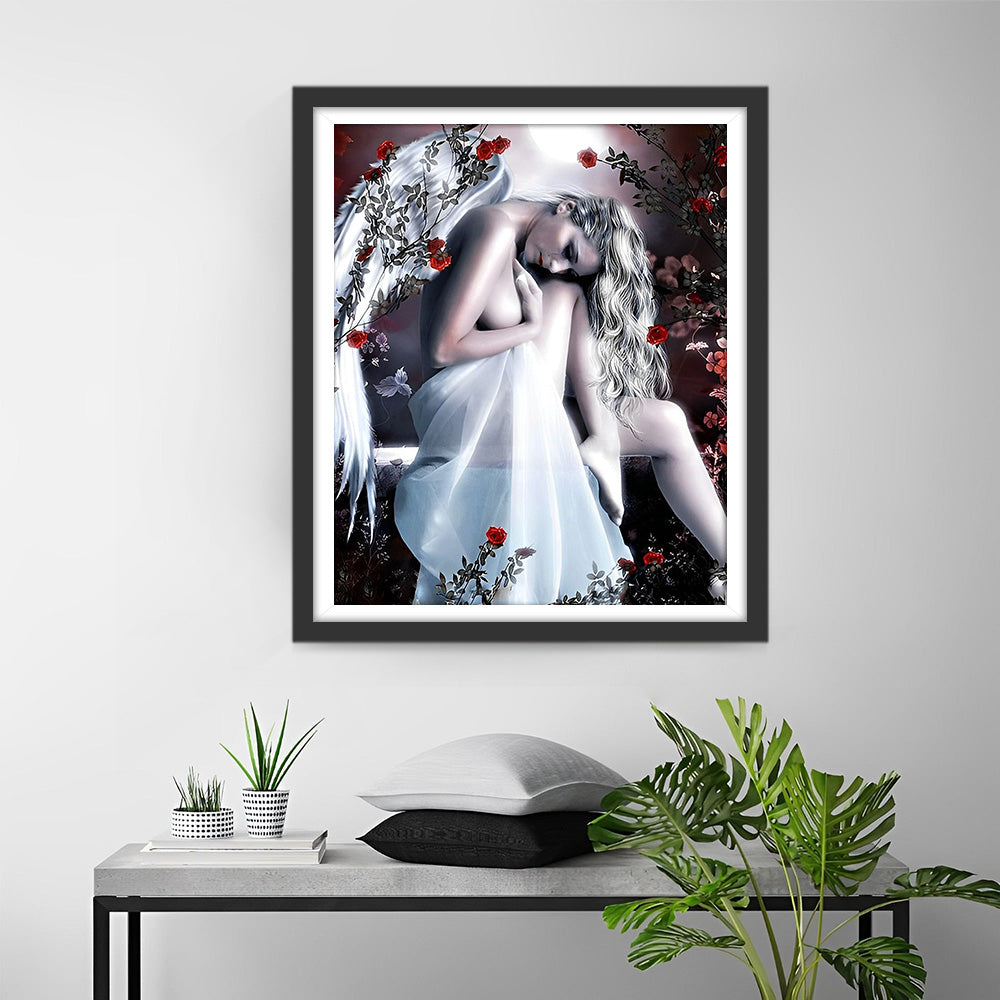 Prachtige Engel en Rode Rozen Diamond Painting
