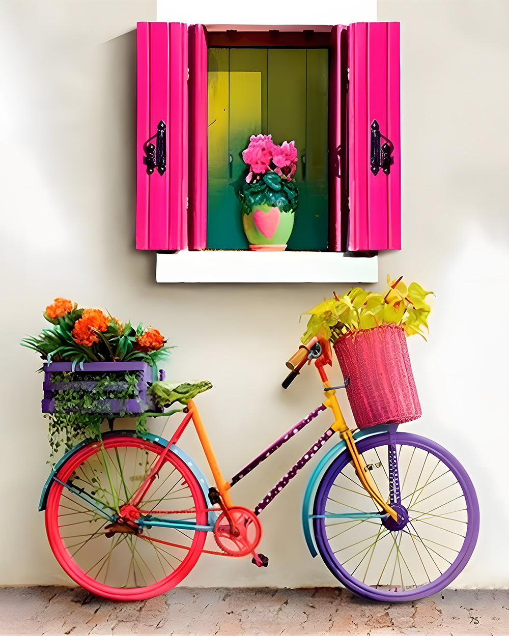 Regenboogkleurige Fiets Onder een Rozerood Raam Diamond Painting