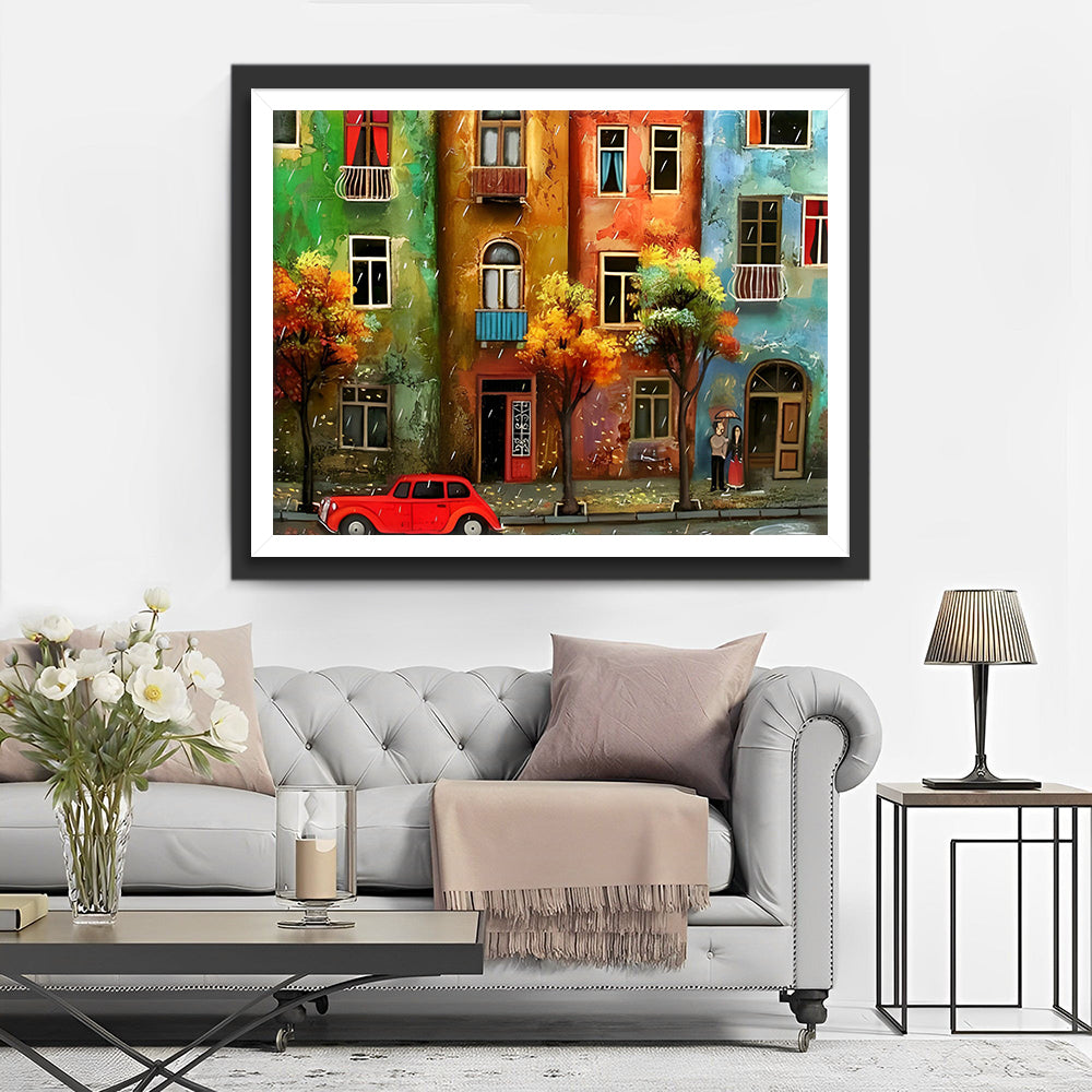 Rode Auto en Gebouwen Diamond Painting