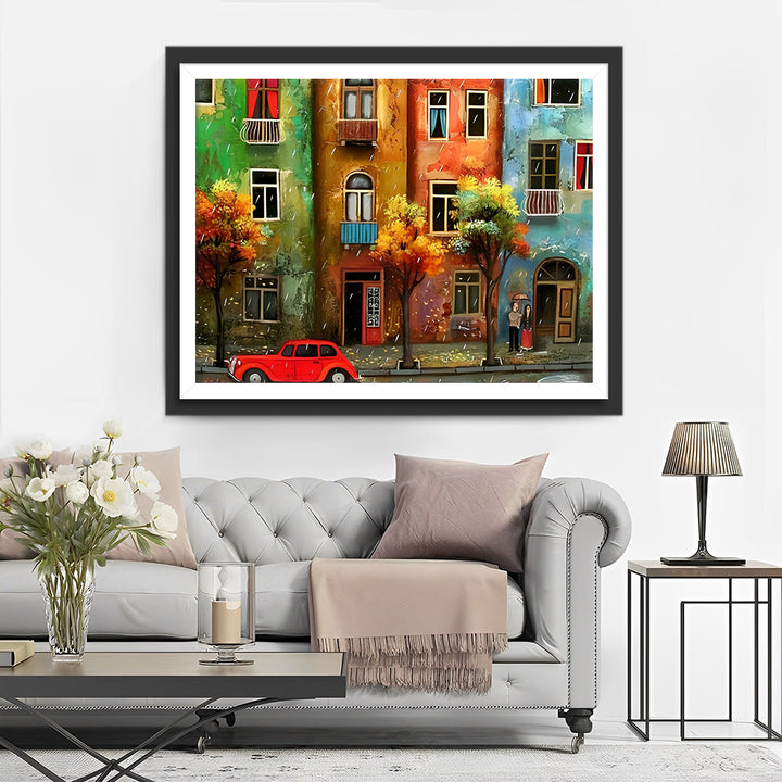 Rode Auto en Gebouwen Diamond Painting