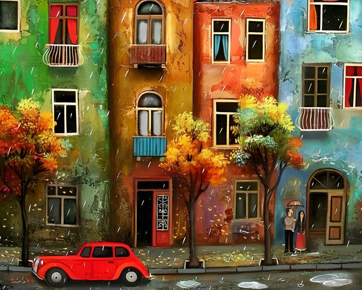 Rode Auto en Gebouwen Diamond Painting