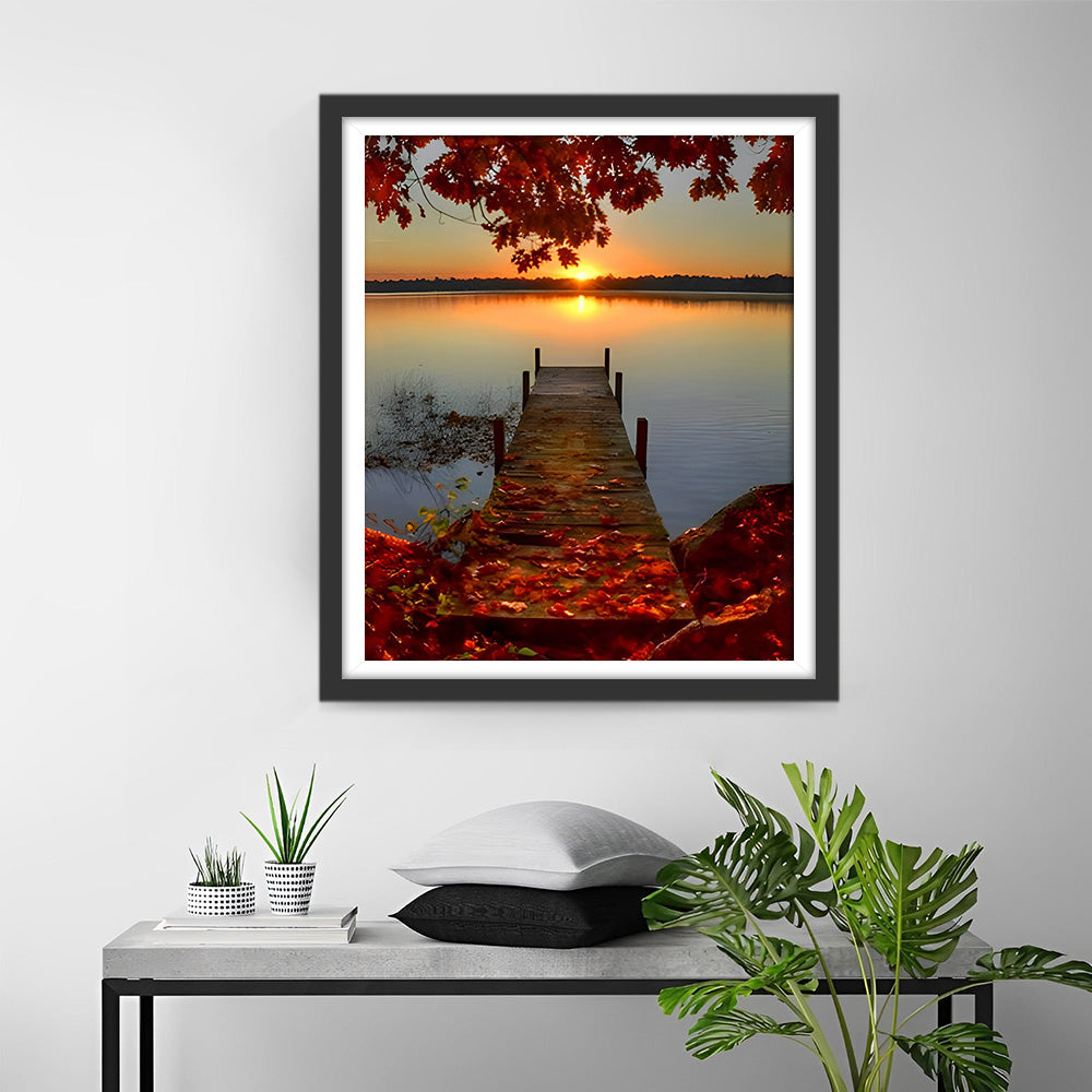 Rode Esdoorns en Houten Brug bij Zonsondergang Diamond Painting