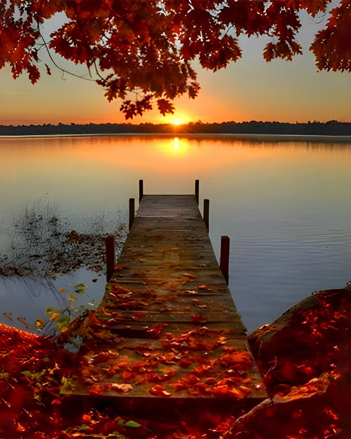 Rode Esdoorns en Houten Brug bij Zonsondergang Diamond Painting