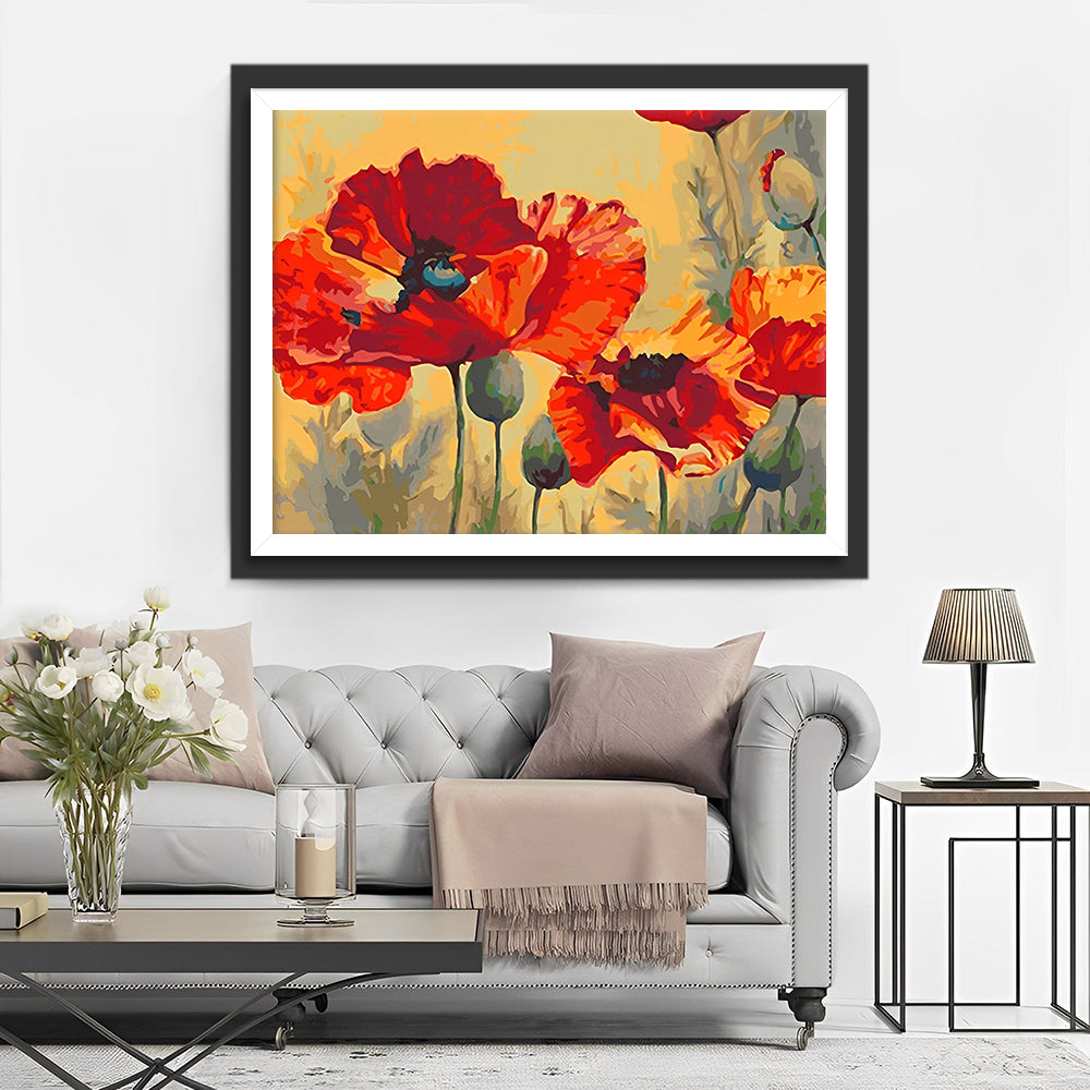 Rode Klaprozen en Groene Knoppen Diamond Painting