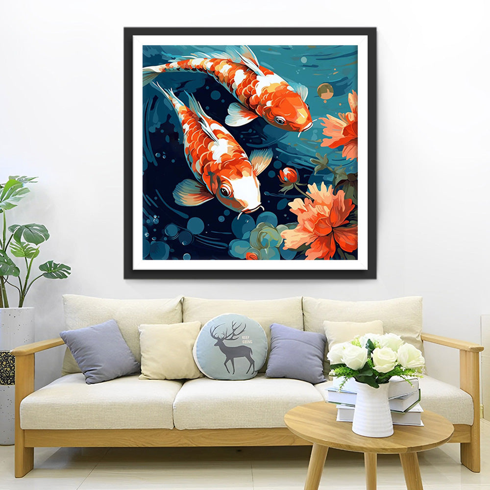 Rode Koi en Bloemen Diamond Painting