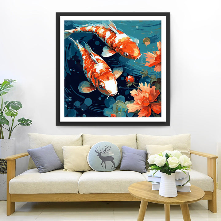 Rode Koi en Bloemen Diamond Painting