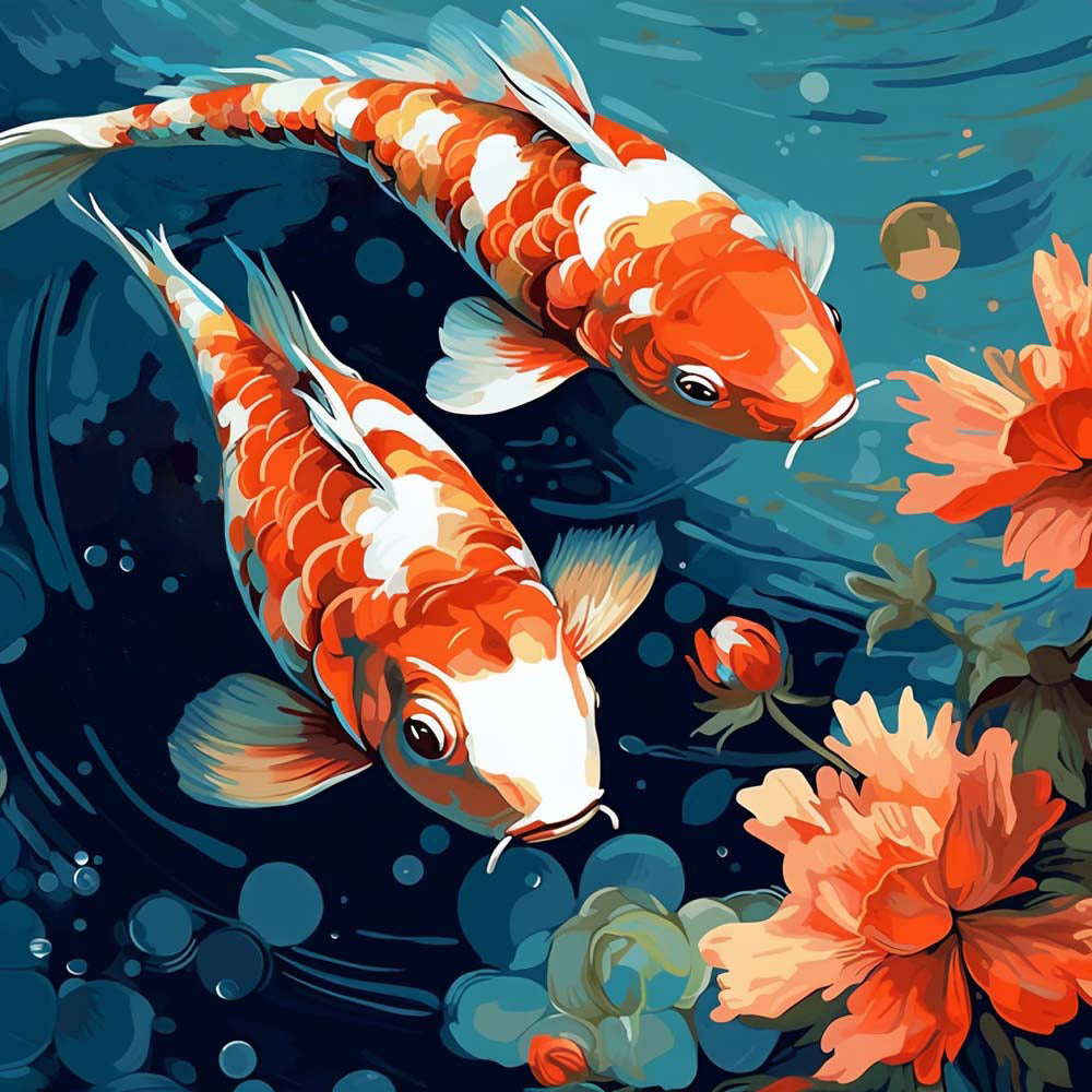 Rode Koi en Bloemen Diamond Painting