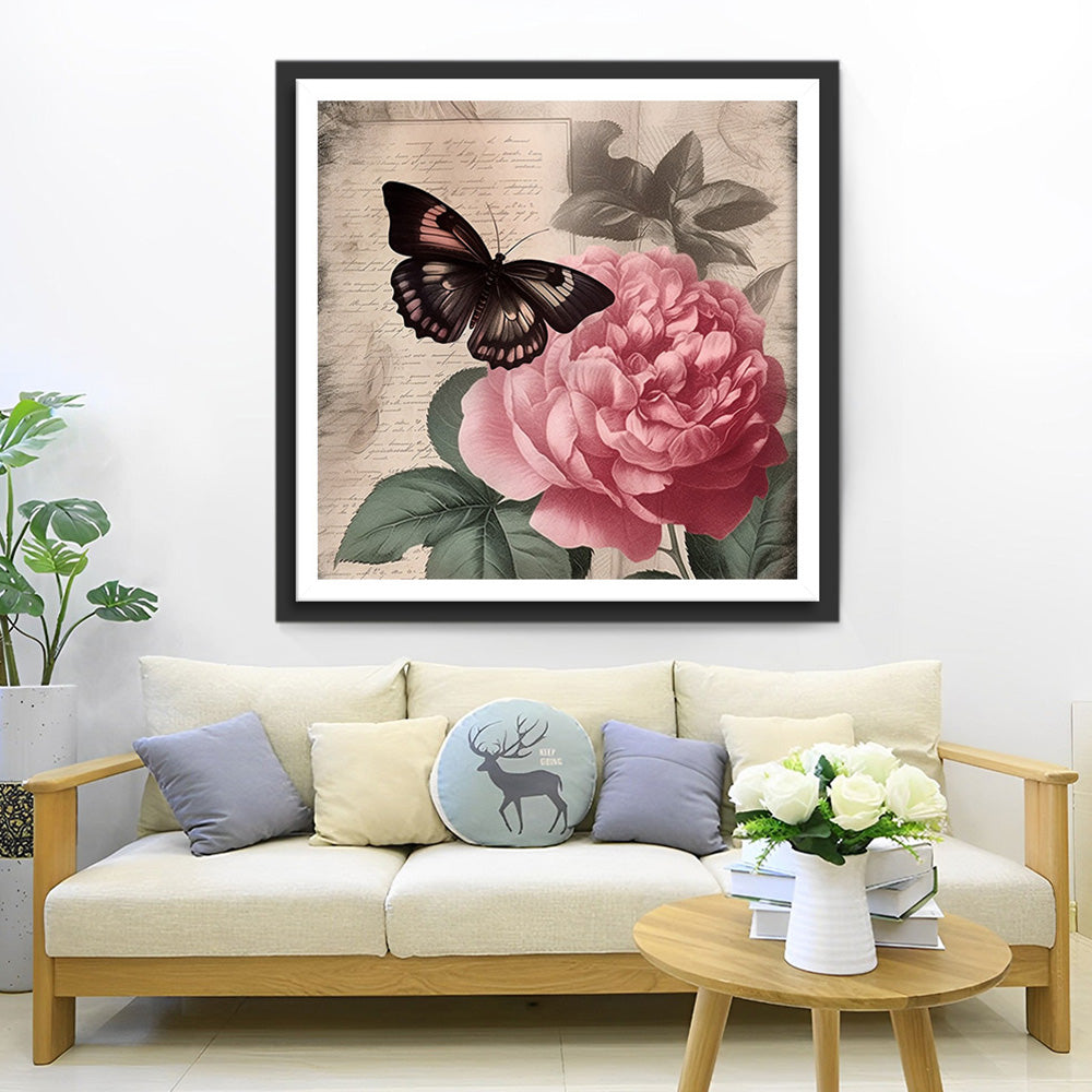 Rode Pioenroos en Zwarte Vlinder Dagboek Diamond Painting