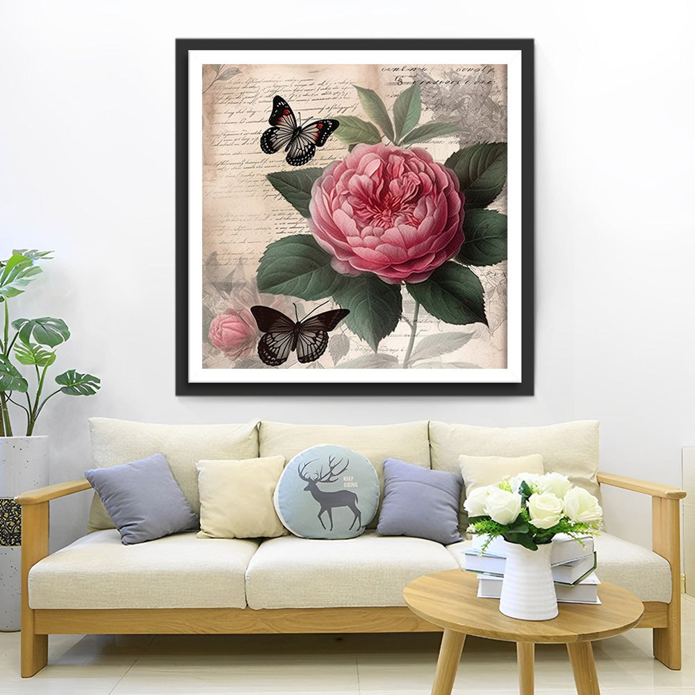 Rode Pioenroos en Zwarte Vlinders Diamond Painting