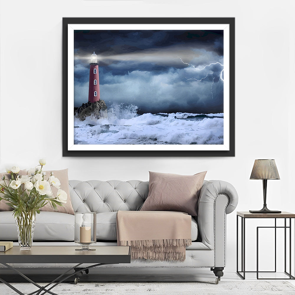 Rode Vuurtoren in de Storm Diamond Painting