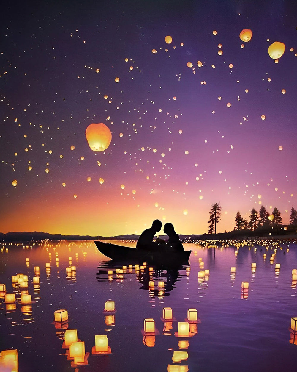 Romantisch Stel in Boot 's Nachts Diamond Painting