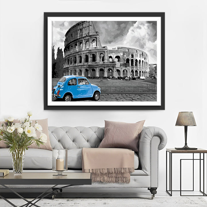 Romeinse Colosseum en Blauwe Auto Diamond Painting