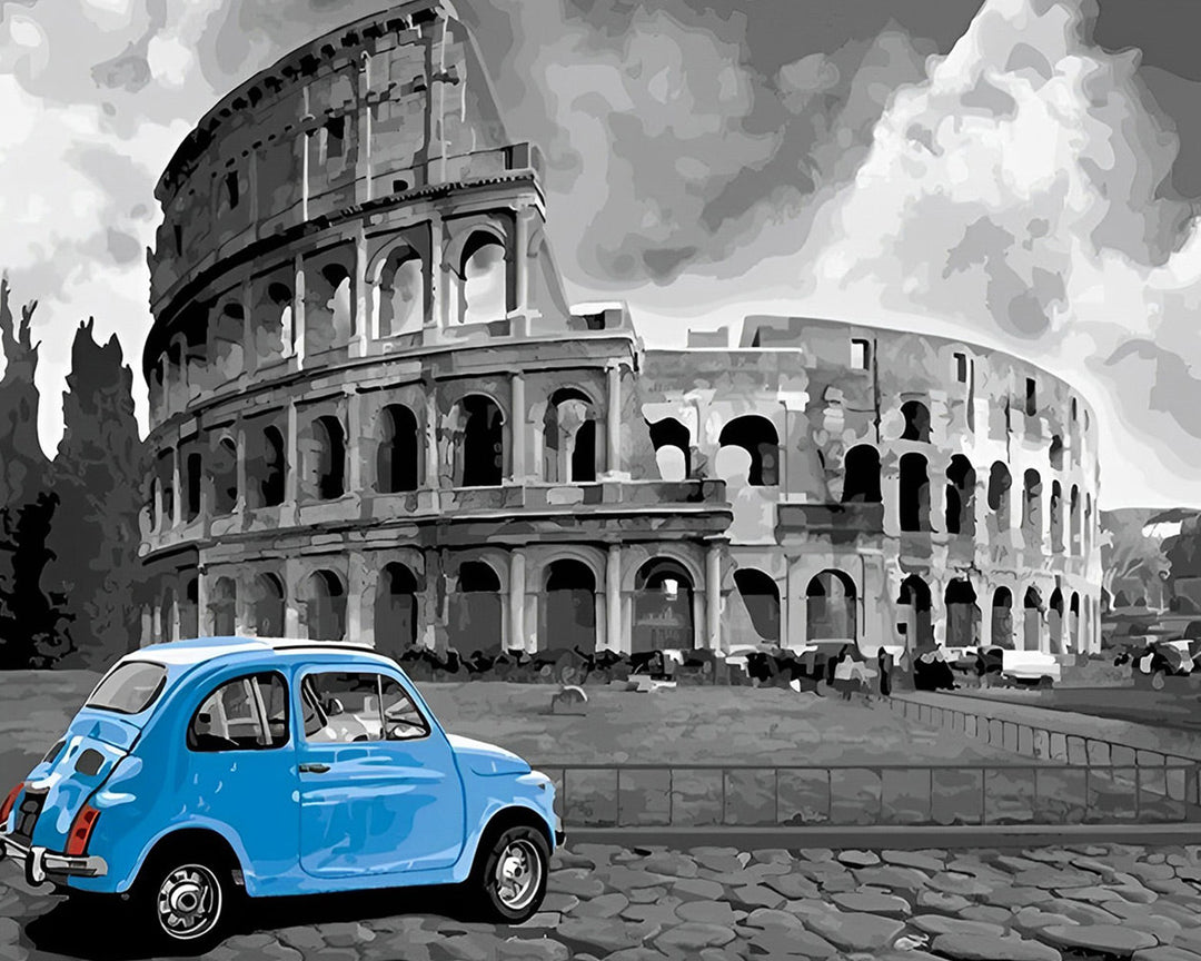 Romeinse Colosseum en Blauwe Auto Diamond Painting