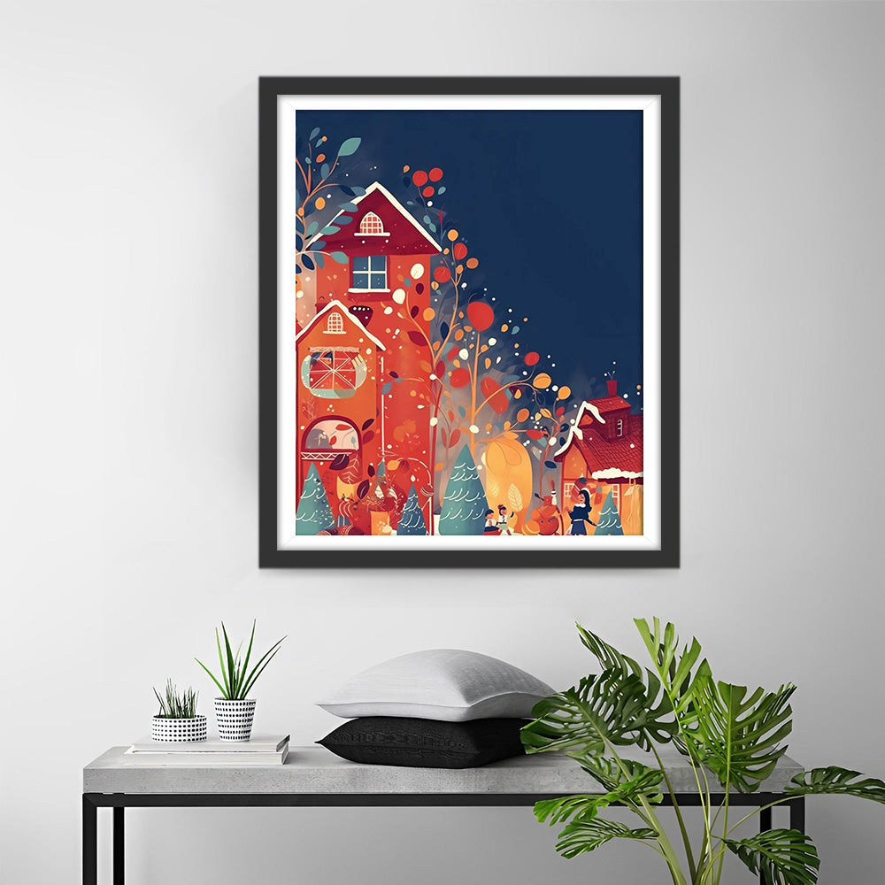 Rood Cartoon Kersthuis Diamond Painting