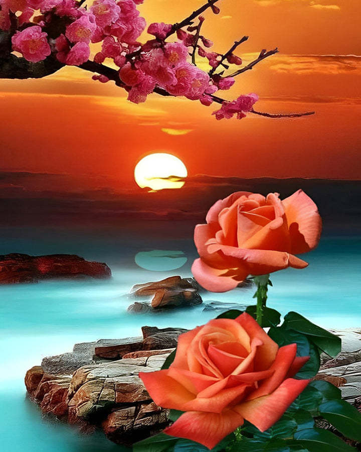 Rozen en Bloemenboom bij Zonsopgang Diamond Painting