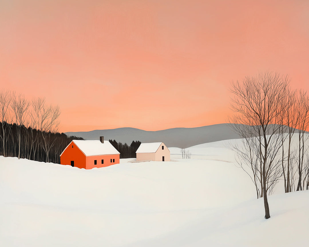 Sneeuwveld en Klein Huis onder Roze Lucht Diamond Painting