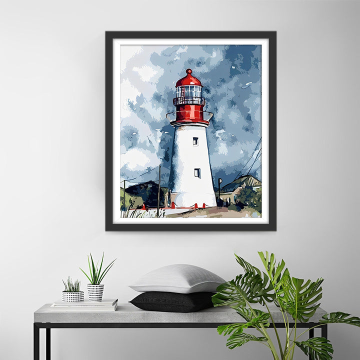 Vuurtoren onder de Donkere Wolken Diamond Painting