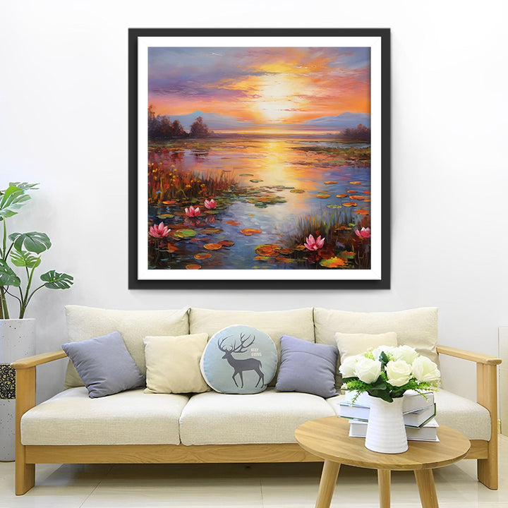Waterleliemeer bij Zonsondergang Diamond Painting