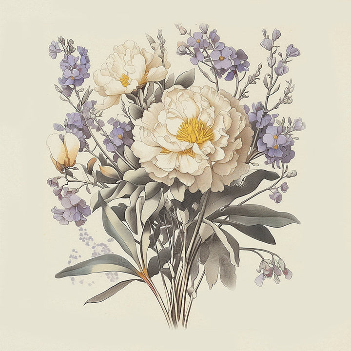 Witte Chrysanten en Paarse Bloemen Diamond Painting