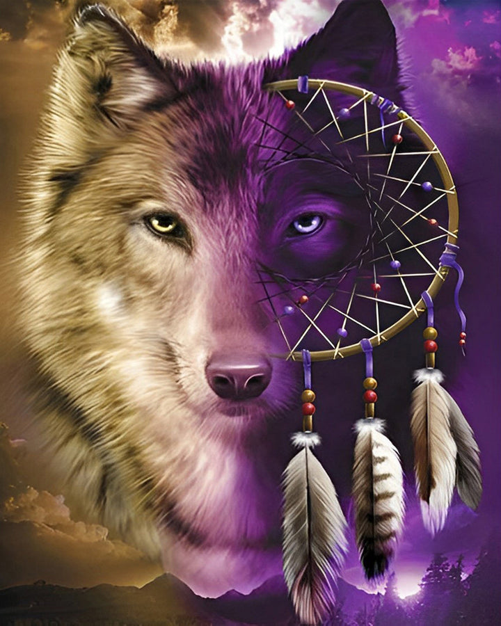 Wolf en Paarse Dromenvanger Diamond Painting
